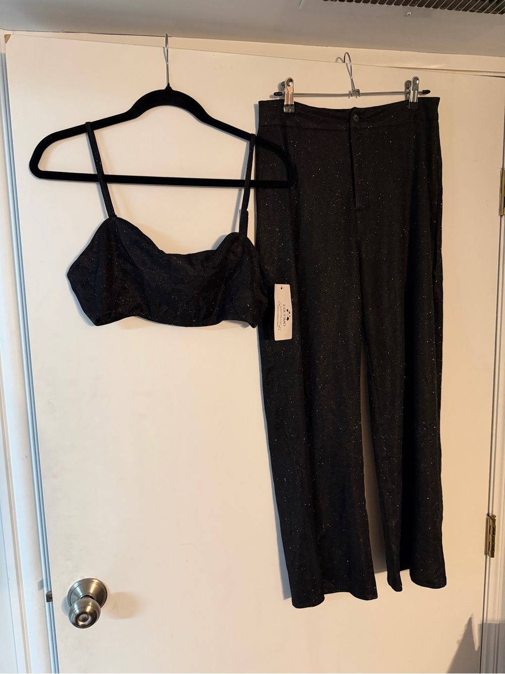 Sparkle Black Wide-Leg Pants & Bra Top - Women's